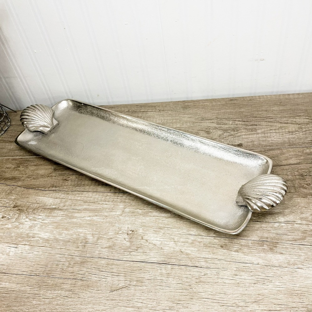 Vintage Shell Handled Silver Tray, Aluminum Serving Platter
